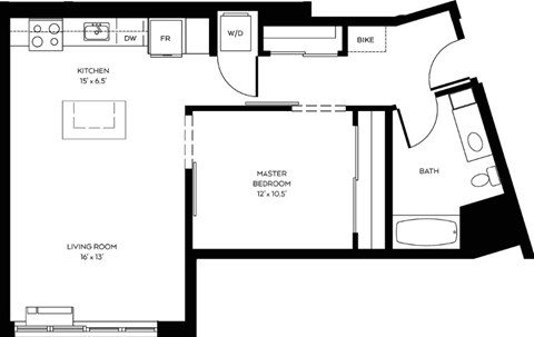 Floor plan for 1 bed, 1 bath, 746 sqft